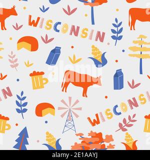 USA collection. Vector illustration of Wisconsin theme. State Symbols - seamless pattern Stock Vector
