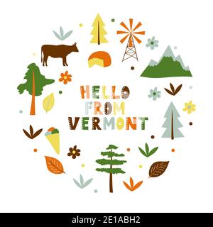 USA collection. Hello from Vermont theme. State Symbols round shape card Stock Vector
