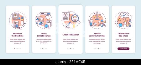 Fake news checking tips onboarding mobile app page screen with concepts Stock Vector