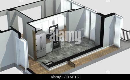 3D Rendering of a furnished residential apartment kitchen, showing generic cabinets and appliances. Stock Photo