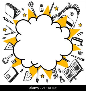 Back to school vector background. Cartoon comics empty bang speech bubble with line sketchy stationery. Line vector doodle illustration for graphic de Stock Vector