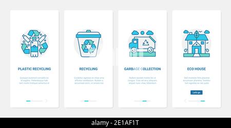 Waste management, recycling technology to save ecology vector illustration. UX, UI onboarding mobile app page screen set with line recycle plastic garbage, collection sorting into container, eco house Stock Vector