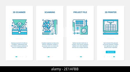 Printing scanning equipment vector illustration. UX, UI onboarding mobile app page screen set with line document scanner with human head abstract symbol, printer offset machine for typography printery Stock Vector
