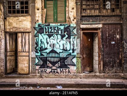 Havana, Cuba, July 2019, graffiti on the facade of a building in the oldest part of the capital Stock Photo