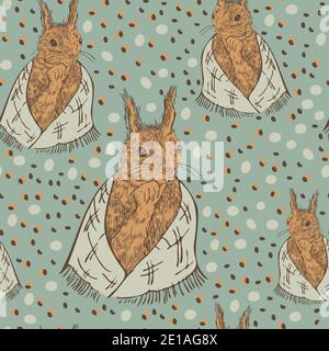 Vector seamless pattern with squirrels in scarf and acorns. Cute animal pattern design. Stock Vector