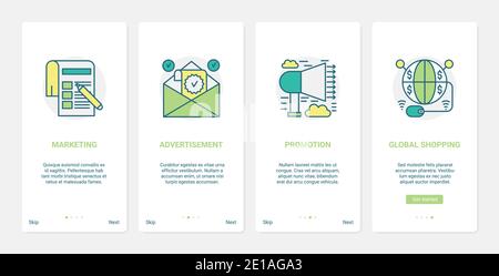 Online global shopping, ecommerce technology vector illustration. UX, UI onboarding mobile app page screen set with line commercial promotion symbols for advertising goods services, digital marketing Stock Vector