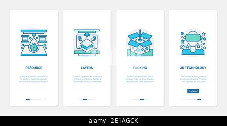 3d technology virtual glasses vector illustration. UX, UI onboarding mobile app page screen set with line tech equipment resources for digital production management, layers symbols, packing products Stock Vector