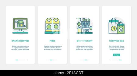 Online commerce, internet shop technology vector illustration. UX, UI onboarding mobile app page screen set with line shopping bag and cart from supermarket or grocery store, price ecommerce symbols Stock Vector