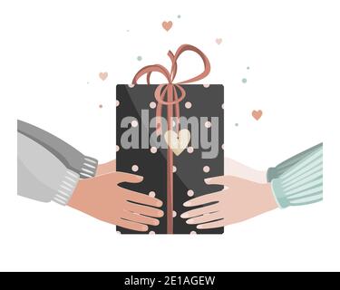 Doodle illustration of man and woman hands giving Valentine day present. Man giving gift box to a woman. Vector illustration Stock Vector