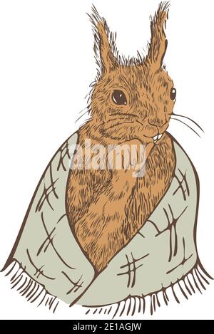 Vector illustration of squirrel in scarf. Cute animal portrait. Stock Vector