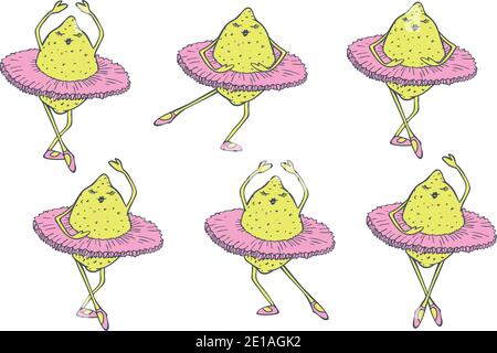 Vector illustration set of lemons dancing in ballet tutu. Dancing fruits design. Stock Vector
