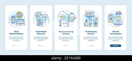 New media examples onboarding mobile app page screen with concepts Stock Vector