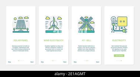 Renewable eco energy sources, environment technology vector illustration. UX, UI onboarding mobile app page screen set with line industrial solar panel, wind turbine windmill to get electricity Stock Vector