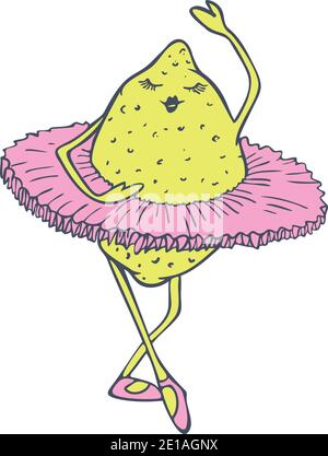 Vector illustration with lemon dancing in ballet tutu. Dancing fruit design. Stock Vector