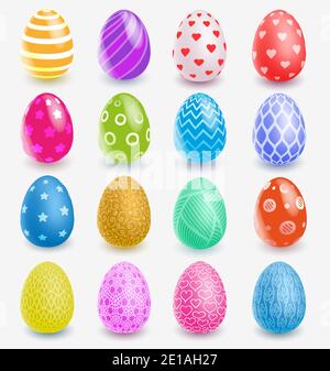 Mulsticolored Easter Eggs with shadow on white background. Set of multicolored eggs. Vector illystration Stock Vector