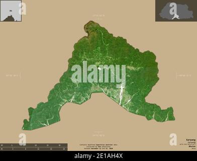Sarpang, district of Bhutan. Sentinel-2 satellite imagery. Shape isolated on solid background with informative overlays. Contains modified Copernicus Stock Photo