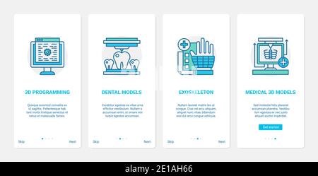 3d medicine healthcare technology vector illustration. UX, UI onboarding mobile app page screen set with line tech medical modern innovation for dentistry, dental implant exoskeleton model symbols Stock Vector