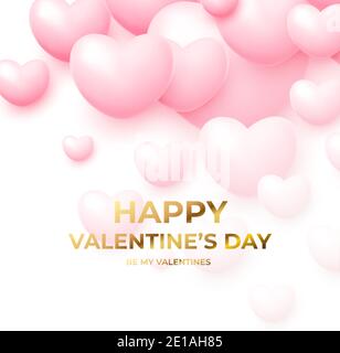 Design concept for Valentines day poster with pink and white flying balloons with golden lettering Happy Valentines Day. Vector illustration Stock Vector