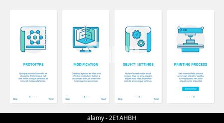 Creative 3d modelling process, scale modification vector illustration. UX, UI onboarding mobile app page screen set with line print processing symbols, prototype model printing, object settings Stock Vector