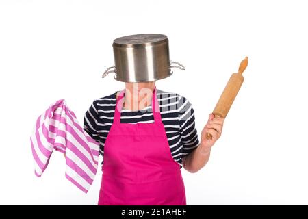 Funny elder woman with pan on the head isolated over white background Stock Photo