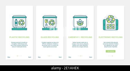 Zero waste, eco garbage recycling technology to save ecology vector illustration. UX, UI onboarding mobile app page screen set with line recycle plastic glass cardboard electronics, saving environment Stock Vector