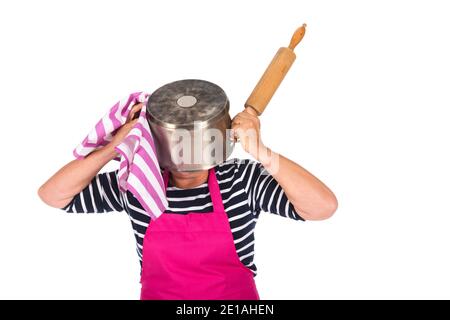 Funny elder woman with pan on the head isolated over white background Stock Photo