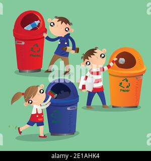Some kids sort their wastes and put the trash in recycling bins Stock Vector