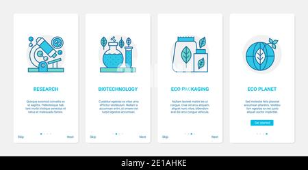 Scientific research on planet ecology protection technology vector illustration. UX, UI onboarding mobile app page screen set with line science biotechnology, eco friendly reusable container packaging Stock Vector