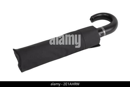 Folded black umbrella isolated on white background Stock Photo