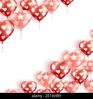 Happy Valentine s Day. Flying red and pink gel balloons in a pattern of golden hearts and stars Banner with place for text. Card Happy Birthday, Inter Stock Vector