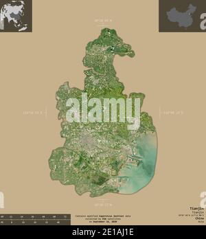 Tianjin, municipality of China. Sentinel-2 satellite imagery. Shape isolated on solid background with informative overlays. Contains modified Copernic Stock Photo