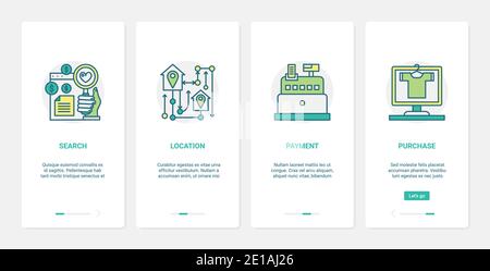 Online commerce, ordering and payment technology vector illustration. UX, UI onboarding mobile app page screen set with line search and order of goods purchases to pay, internet location symbols Stock Vector
