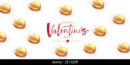 Background for Valentines Day banner, poaster, postcard made of heart-shaped chocolates wrapped in gold foil with the inscription Happy Valentines Day Stock Vector