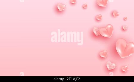 Realistic flying air heart shaped elements on pink background for romantic banner design. Happy valentine day. Horizontal minimal poster, greeting car Stock Vector