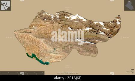 Dihok, province of Iraq. Sentinel-2 satellite imagery. Shape isolated on solid background with informative overlays. Contains modified Copernicus Sent Stock Photo