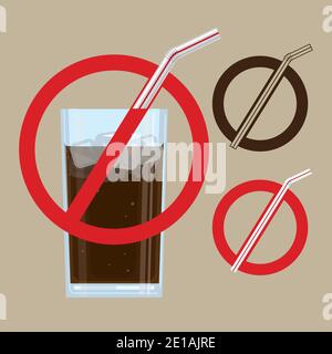 Vector illustrative sign of a glass of cold beverage with no plastic straw icon Stock Vector