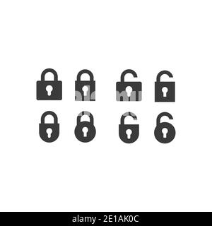 Padlock black vector icon set. Lock, open and closed, locked and unlocked web symbols. Stock Vector