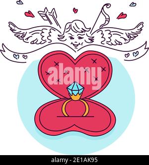 Angel with wings and arrows, diamond ring in shape of heart for Valentine's Day gift. Vector Illustration about love, wedding, engagement and marriage Stock Vector