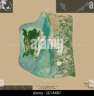 Pulau Pinang, state of Malaysia. Sentinel-2 satellite imagery. Shape isolated on solid background with informative overlays. Contains modified Coperni Stock Photo