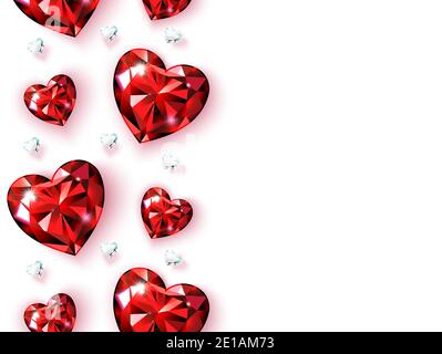 Banner with vertical borders of red rubies and diamonds. Heart shaped gems. Valentine card for Valentine s Day, Women s Day, wedding illustration. Iso Stock Vector