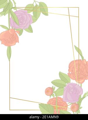 Rectangular golden line frame card with hand drawn rose and peony arrangement. Greeting card template. Vector Stock Vector
