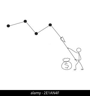 Illustration of stick figure vector concept: Stickman pulling down cost reduction graph Stock Vector