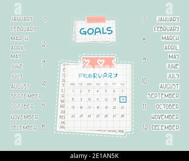List of months from January to December for planning or calendar. Template for text on the squared paper, patterned washi tape, piece of newspaper for Stock Vector