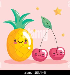 cute pineapple and cherries stickers kawaii characters Stock Vector