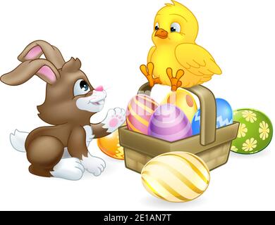 Easter Eggs Basket Bunny Rabbit and Chick Cartoon Stock Vector
