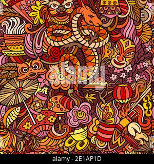 Cartoon cute doodles Chinese New Year seamless pattern Stock Vector