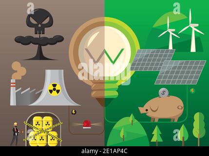 Infographic of Nuclear energy compares with Green energy Stock Vector