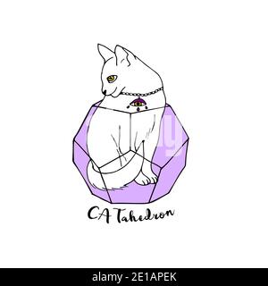 Hand drawn line art witch magical cat sitting inside sacred geometry figure with text catahedron. Magic and witchcraft vector Stock Vector