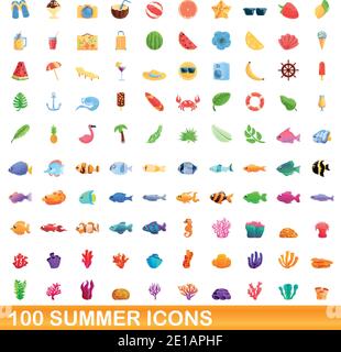 100 summer icons set. Cartoon illustration of 100 summer icons vector set isolated on white background Stock Vector