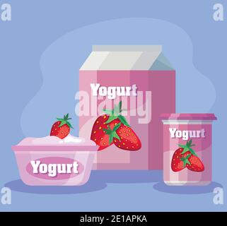 delicious strawberry flavor yogurt products Stock Vector